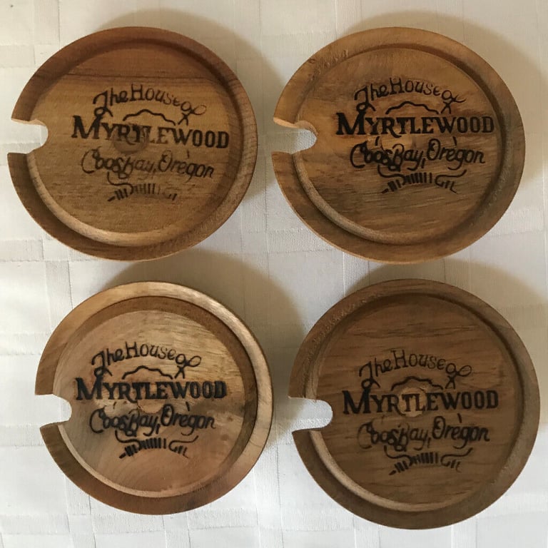4 unused vintage Myrtlewood lids – The House of Myrtlewood, Oregon, USA. £4 ea/£15 ovno lot
