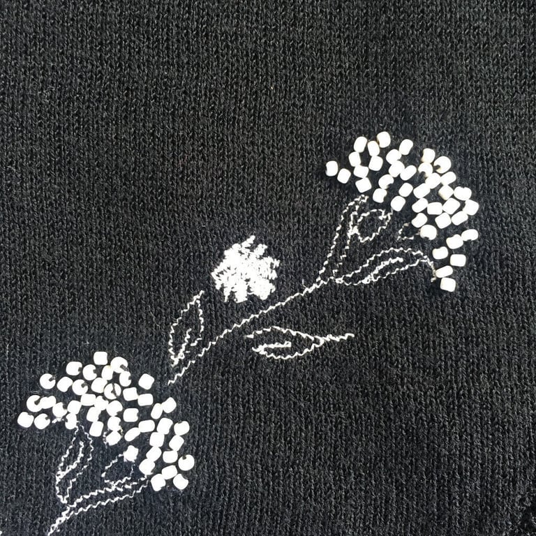 Women's black short sleeve cardigan, embroidered, bead embellished. 32-34 inch bust.