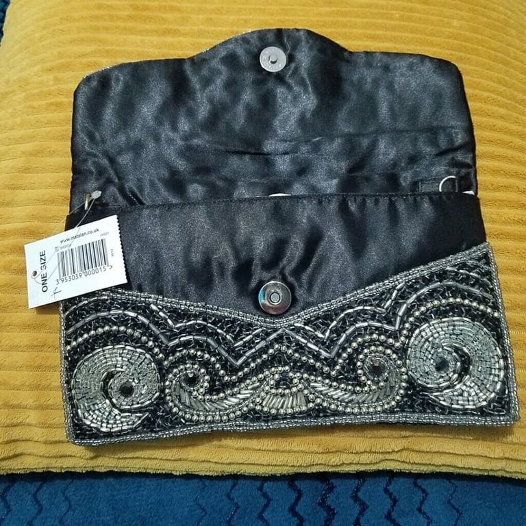 Black Beaded Scallop Clutch Bag, New   £7