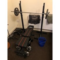 Fly bird bench, stands reebok plates and elite dumbbells , curling bar , everything to go