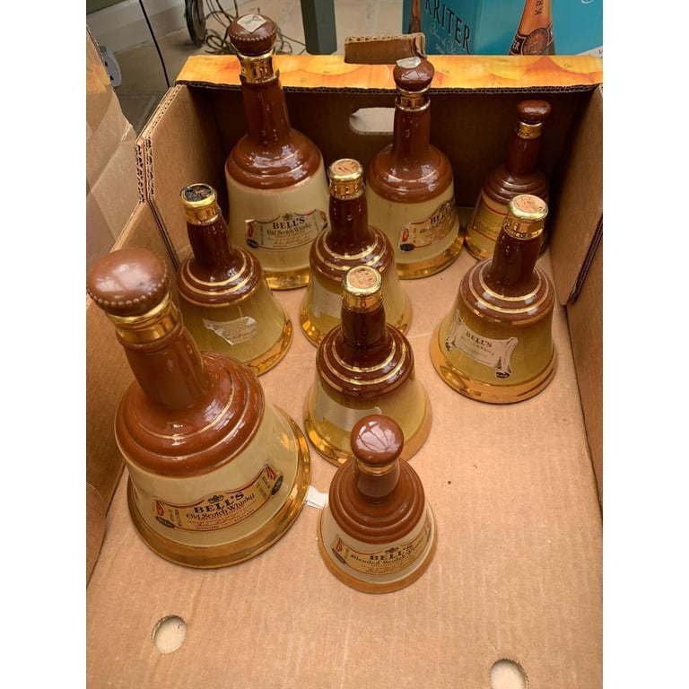 image for Joblot of 9 Bells Whisky bell shaped decanters - wade / Copeland Spode