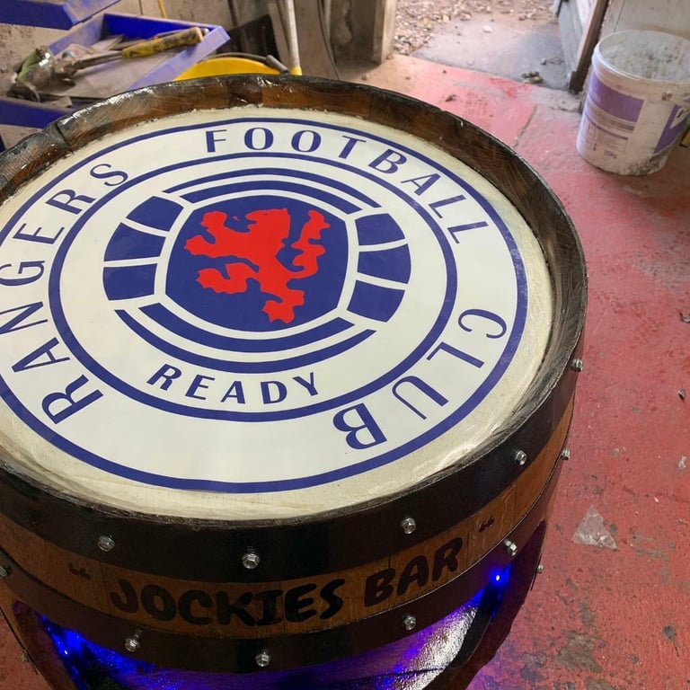 image for Whisky barrels revamped Display cabinets or mini bar mid oak shelf lights any stencil added 