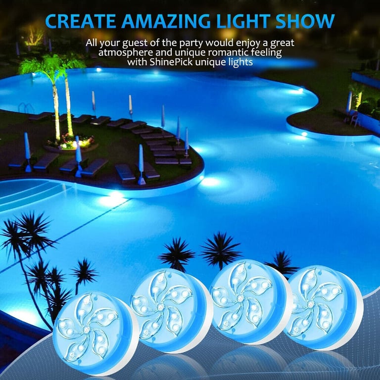 4 PACK SUBMERSIBLE LED POOL LIGHTS WITH 2 WIRELESS REMOTEs SUCTION CUPS MAGNETS.