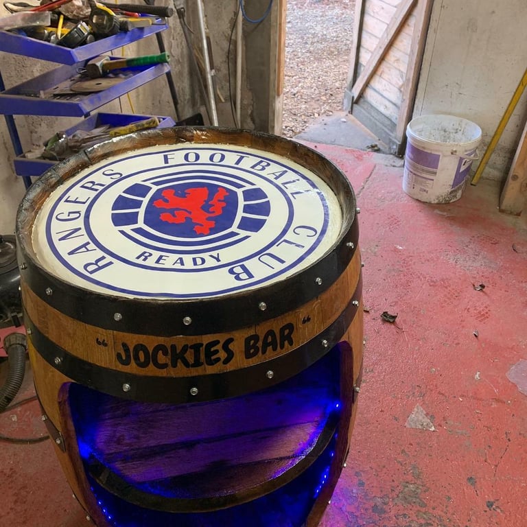 Whisky barrels revamped Display cabinets or mini bar mid oak shelf lights any stencil added 