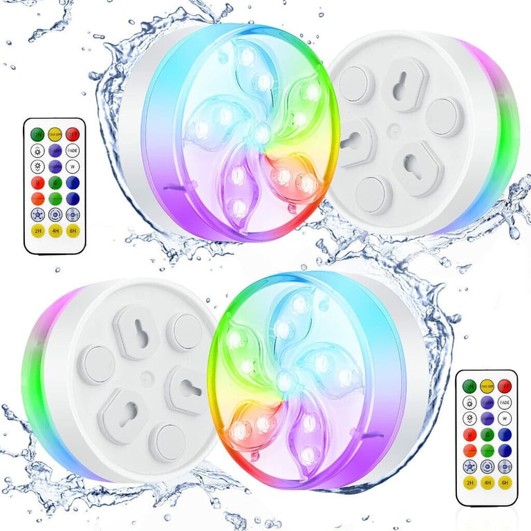 4 PACK SUBMERSIBLE LED POOL LIGHTS WITH 2 WIRELESS REMOTEs SUCTION CUPS MAGNETS.