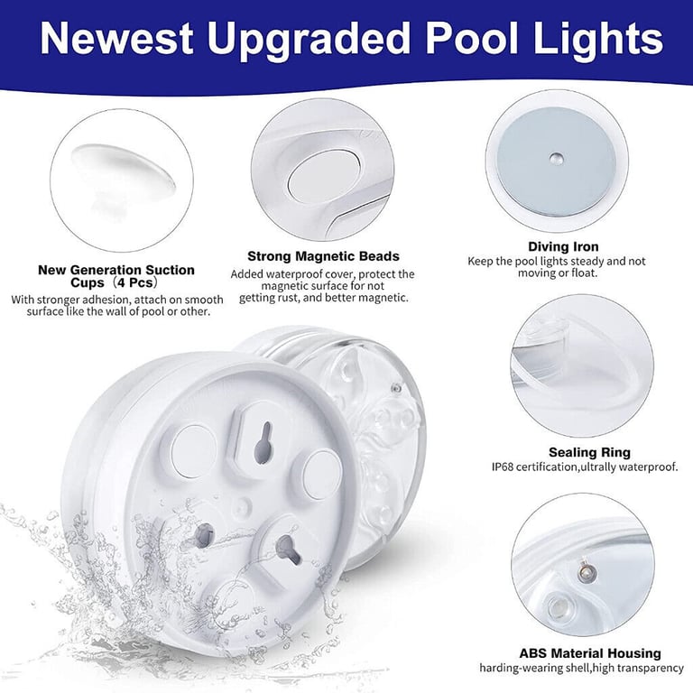 4 PACK SUBMERSIBLE LED POOL LIGHTS WITH 2 WIRELESS REMOTEs SUCTION CUPS MAGNETS.