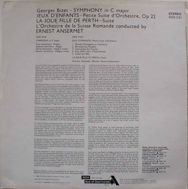 Bizet : Symphony in C, Jeux D'enfants, Jolie Fille De Perth - Ansermet (LP)