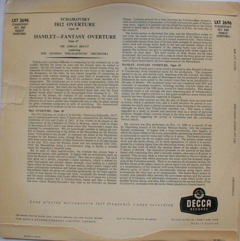 Tchaikovsky: 1812 Overture & Hamlet Fantasy Overture - Boult (Decca LXT 2696)