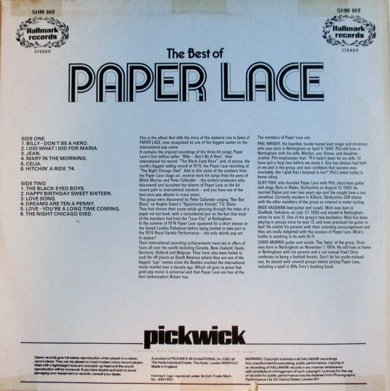PAPER LACE. LP RECORD Titled... THE BEST OF PAPER LACE