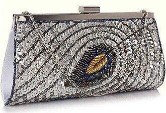 image for Silver Sequin Peacock Feather Design Clutch Evening Party Bag