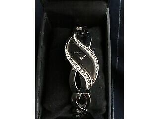 image for SEKSY Ladies 4276,  BRAND NEW, Black Swirl Dial Bracelet Watch, embellished with Swarovski crystals