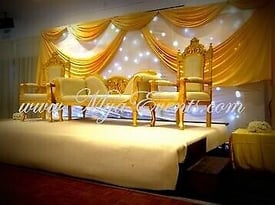 image for Wedding Gold Table Cloth Hire Birdcage Centrepiece Rental Platform hire Uplift Sale On!charger Plate