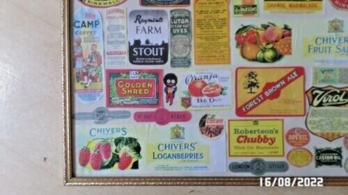 VINTAGE LABELS IN GOLD COLOURED WOODEN FRAME.SEE PICS FOR LABELS. 