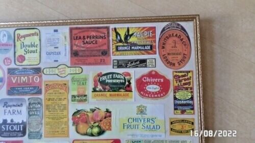 VINTAGE LABELS IN GOLD COLOURED WOODEN FRAME.SEE PICS FOR LABELS. 