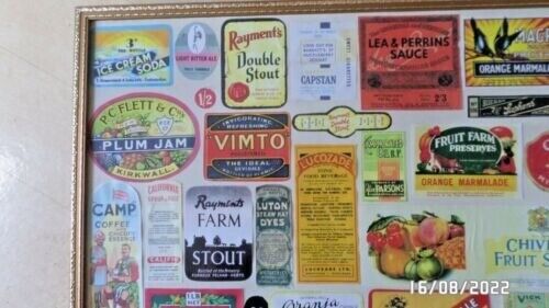 VINTAGE LABELS IN GOLD COLOURED WOODEN FRAME.SEE PICS FOR LABELS. 