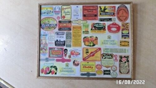 VINTAGE LABELS IN GOLD COLOURED WOODEN FRAME.SEE PICS FOR LABELS. 