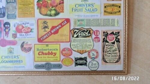 VINTAGE LABELS IN GOLD COLOURED WOODEN FRAME.SEE PICS FOR LABELS. 