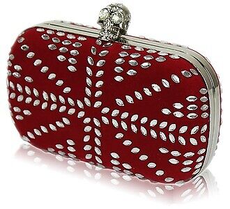 image for  Red Studded Clutch Bag With Crystal-Encrusted Skull Clasp 