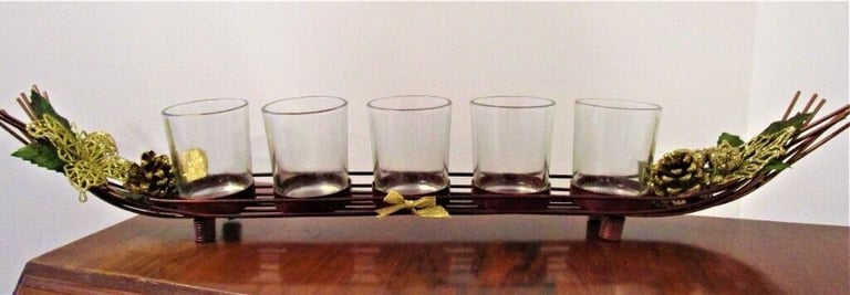 image for Decorated, Long, narrow tea-light holder with 5 glasses
