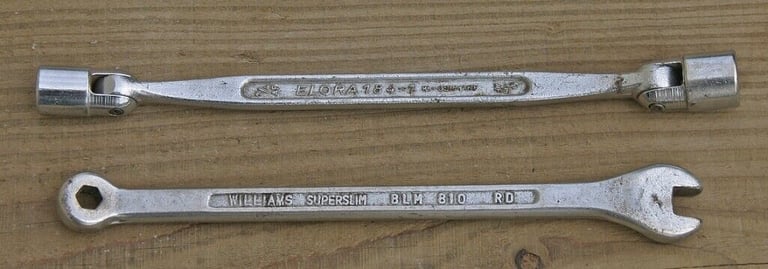 A pair of brake adjuster spanners swivel head and straight square and hexagon