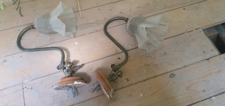 image for Forsted glass gas converted swan neck electric lights one pair 