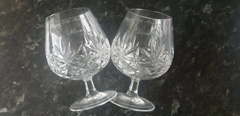 image for Silver Wedding Anniversary engraved crystal brandy glasses 