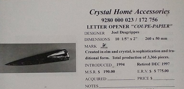 Swarovski crystal Letter Opener Rare limited edition