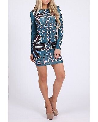 Women's,Turquoise, Aztec printed long sleeve Mini bodycon dress in UK size 8,10,12,14.   