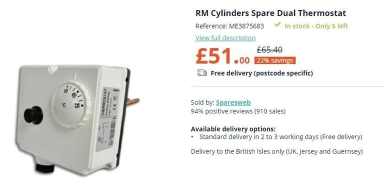 boiler thermostat, dual sensor with high limit.  for unvented cylinders 