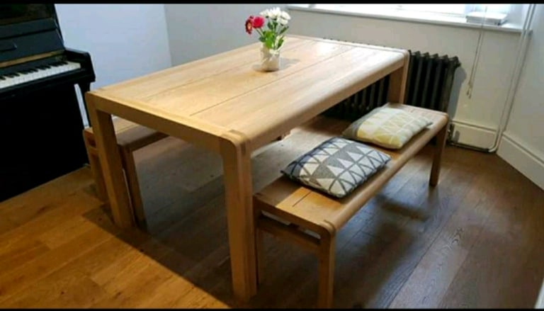Habitat Radius Solid Oak Dining Table And 2 x Bench Set 