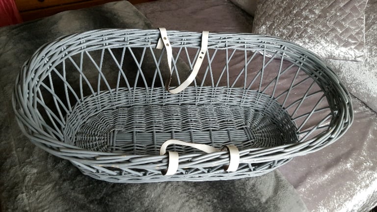 image for Large GREY Wicker Cote Basket with White Handles Baby Cot