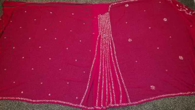 image for Beautiful deep pink crystal embroidered  saree with embroidered blouse