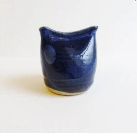 PAIR OF OWLS -  Handmade Pottery Collectibles - Cobalt Blue & Beige 