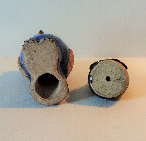 PAIR OF OWLS -  Handmade Pottery Collectibles - Cobalt Blue & Beige 