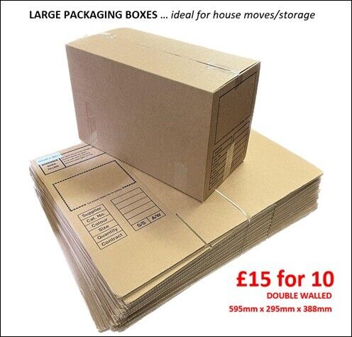 (Pack of 10) LARGE HOUSE MOVING/STORAGE BOXES - STRONG DOUBLE WALLED - 595mm x 295mm x 388mm
