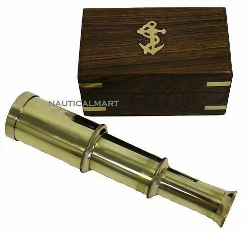 image for ANTIQUE LEATHER OR PLAIN BOUND BRASS TELESCOPE 6 Inch WITH CAP AND WOODEN GIFT BOX.*