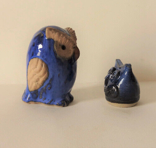 PAIR OF OWLS -  Handmade Pottery Collectibles - Cobalt Blue & Beige 