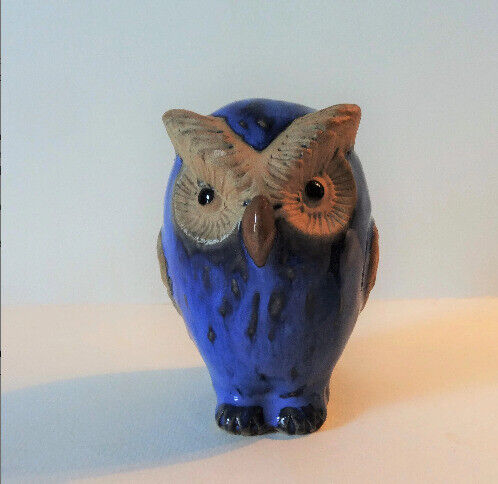 PAIR OF OWLS -  Handmade Pottery Collectibles - Cobalt Blue & Beige 