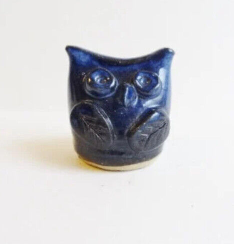 PAIR OF OWLS -  Handmade Pottery Collectibles - Cobalt Blue & Beige 