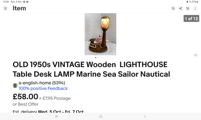 Vintage 1950s wooden lighthouse lamp