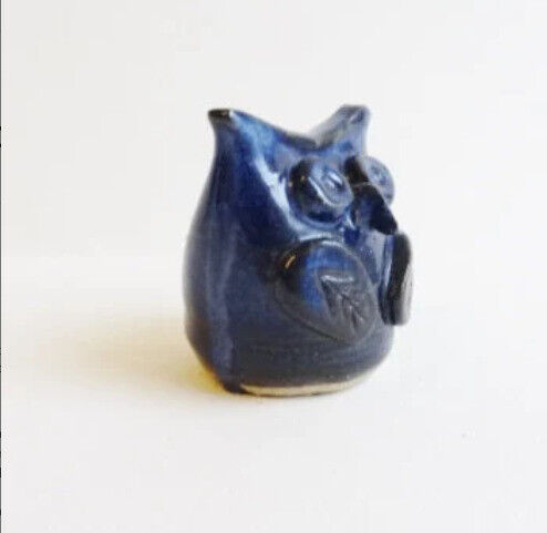 PAIR OF OWLS -  Handmade Pottery Collectibles - Cobalt Blue & Beige 
