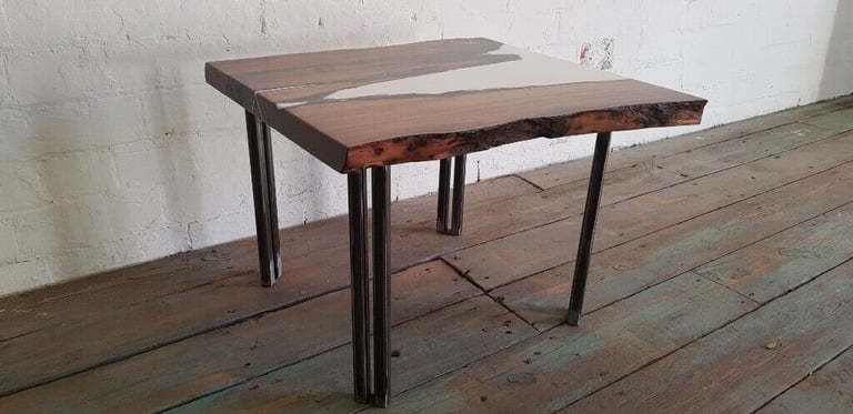 BESPOKE WANEY EDGE ROBINIA PLANK WOOD COFFEE TABLE WITH INDUSTRIAL STEEL LEGS
