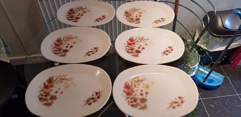image for SET OF 6 WHITE PYREX HARVEST SPRAY OVAL STEAK PLATTERS