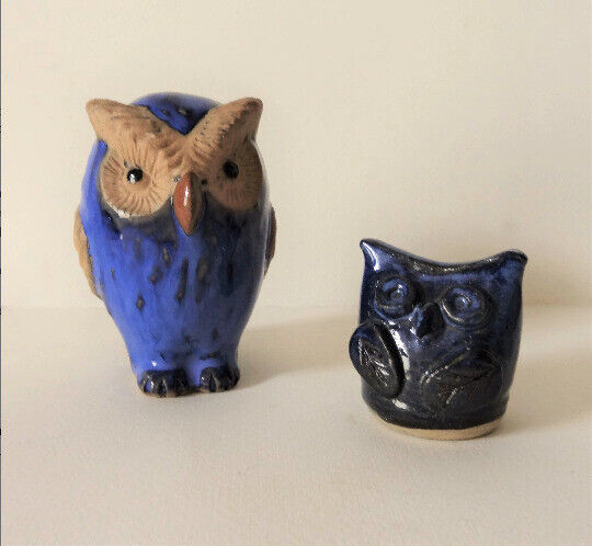 PAIR OF OWLS -  Handmade Pottery Collectibles - Cobalt Blue & Beige 