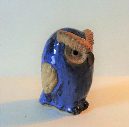 PAIR OF OWLS -  Handmade Pottery Collectibles - Cobalt Blue & Beige 