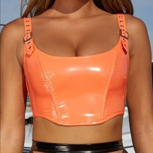 image for Oh Polly vinyl crop top in orange, UK 6 / EUR 34