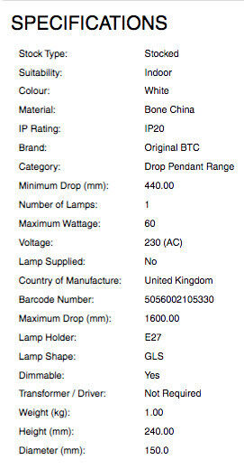 RRP £940 - 4x Original BTC Drop One Bone China Pendant Light