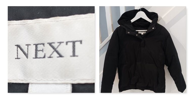 Size 12 NEXT black feather puffer pullover style coat with fleece lined hood