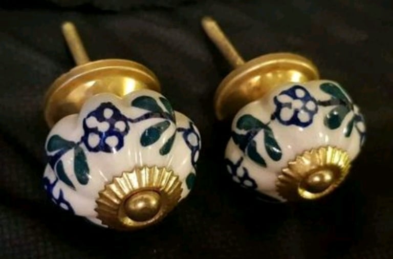 image for Set of 2 Hand painted Vintage Ceramic & Brass Cabinet Door Knobs