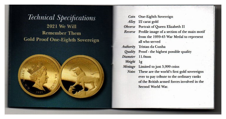 2021 WE WILL REMEMBER THEM GOLD PROOF 1/8 GOLD SOUVERIGN